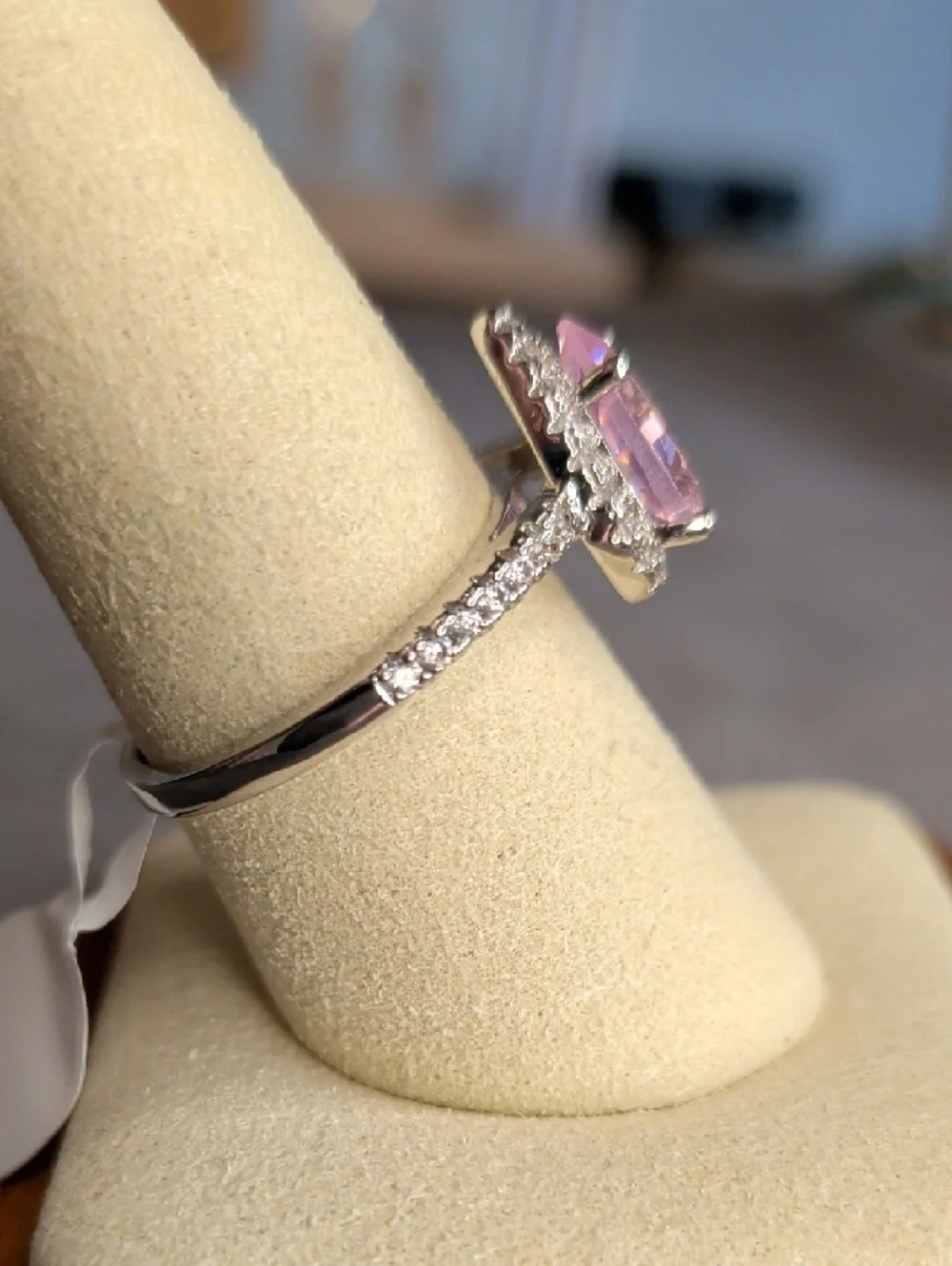 Halo Pink Pear-Cut Crystal Ring With WG